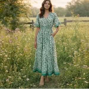 NEW Lapogee Linen Cotton Maxi Green Floral Dress Small Elastic Waistband
V Neck